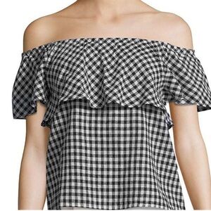 Saks Fifth Avenue Gingham Black White Top Crop Short Sleeve Off the Shoulder